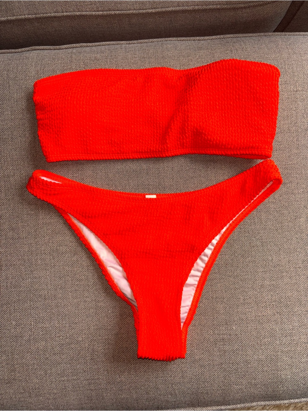 Bright Orange Textured Bandeau Bikini Set